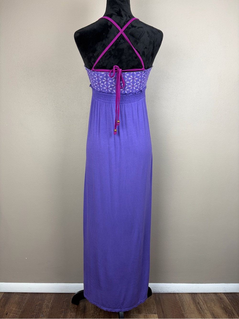 Aeropostale Purple Floral Boho Y2K Maxi Dress Surfer Hippie V-Neck Halter M EUC - Picture 5 of 16